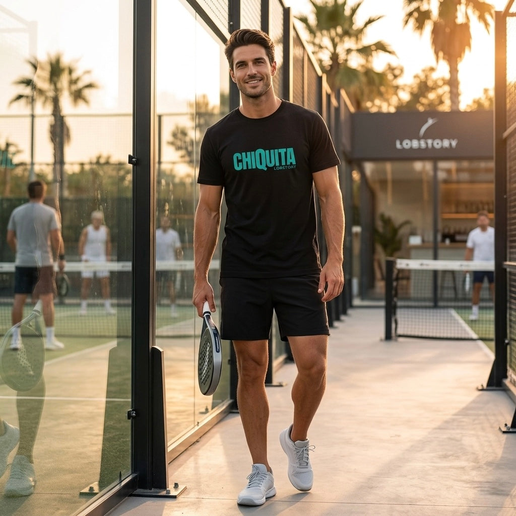 Man wearing desert dust CHIQUITA organic cotton padel lifestyle t-shirt - LobStory