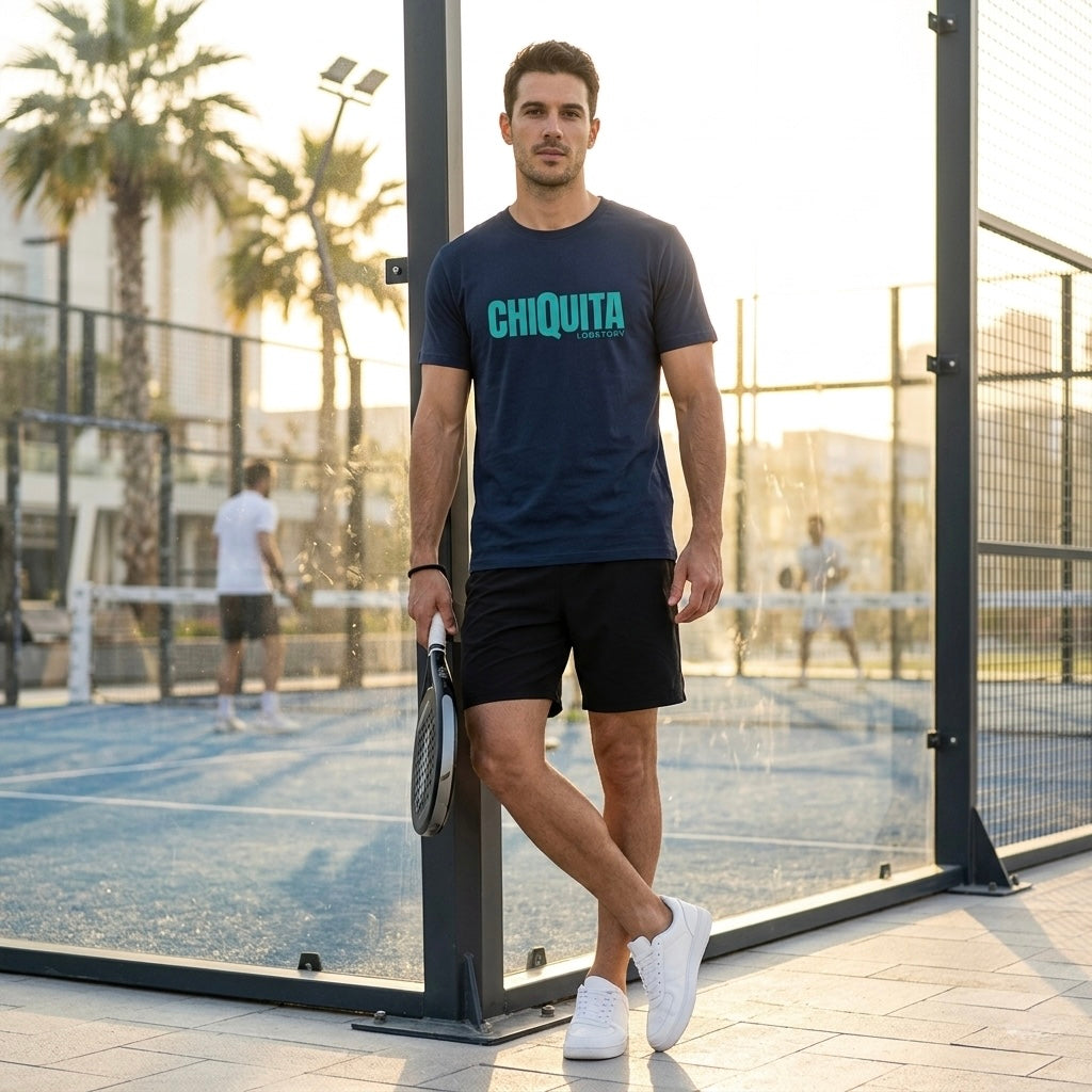 Man wearing desert dust CHIQUITA organic cotton padel lifestyle t-shirt - LobStory