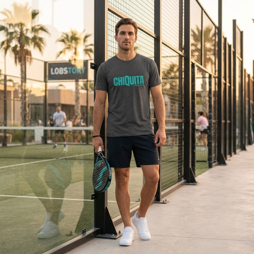 Man wearing desert dust CHIQUITA organic cotton padel lifestyle t-shirt - LobStory