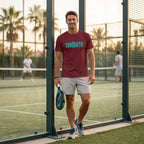 Man wearing desert dust CHIQUITA organic cotton padel lifestyle t-shirt - LobStory