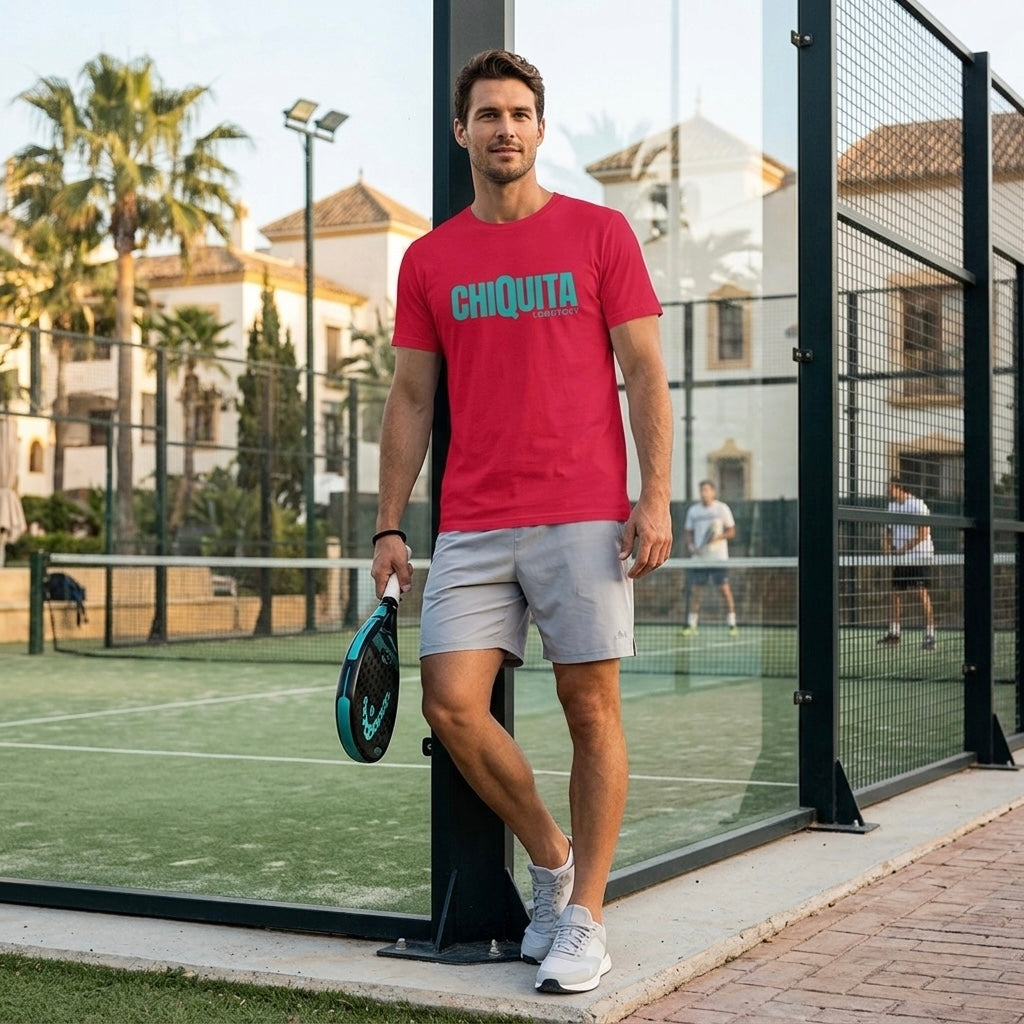 Man wearing desert dust CHIQUITA organic cotton padel lifestyle t-shirt - LobStory