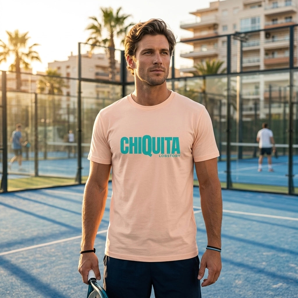 Man wearing desert dust CHIQUITA organic cotton padel lifestyle t-shirt - LobStory