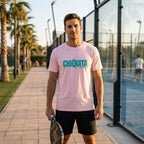 Man wearing desert dust CHIQUITA organic cotton padel lifestyle t-shirt - LobStoryMan wearing desert dust CHIQUITA organic cotton padel lifestyle t-shirt - LobStory