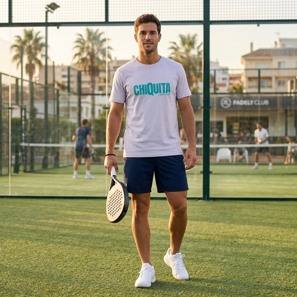 Man wearing desert dust CHIQUITA organic cotton padel lifestyle t-shirt - LobStory