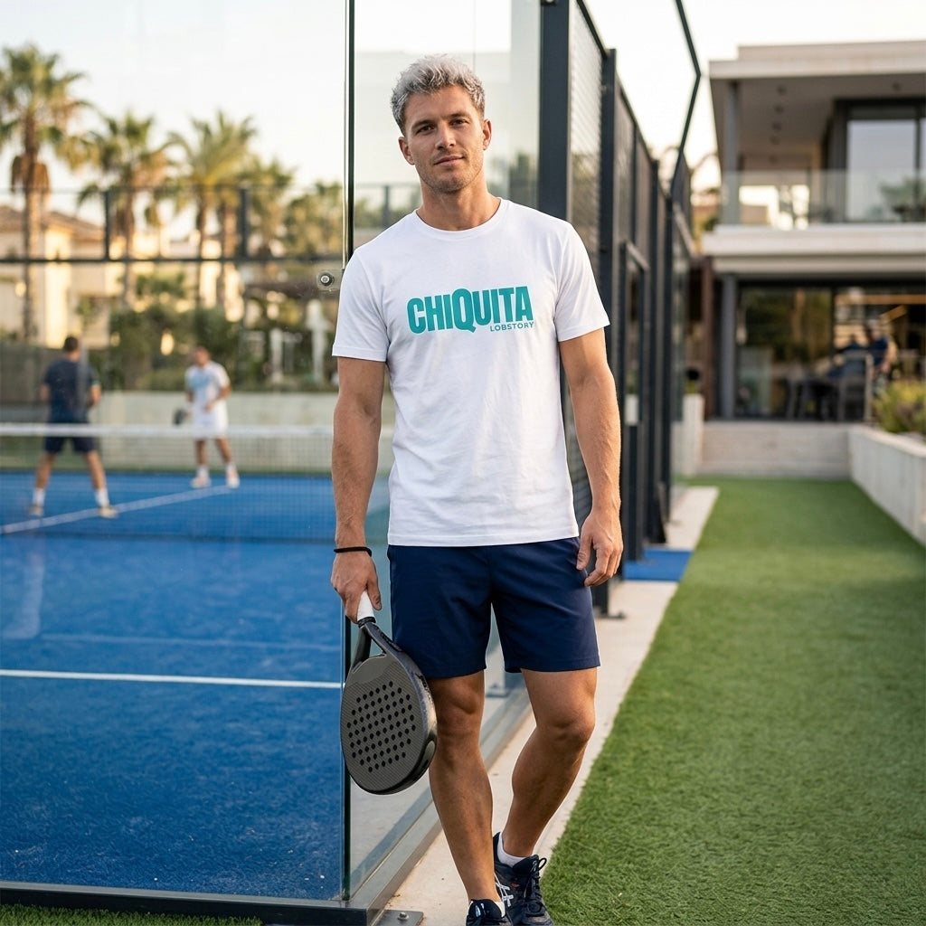 Man wearing desert dust CHIQUITA organic cotton padel lifestyle t-shirt - LobStory