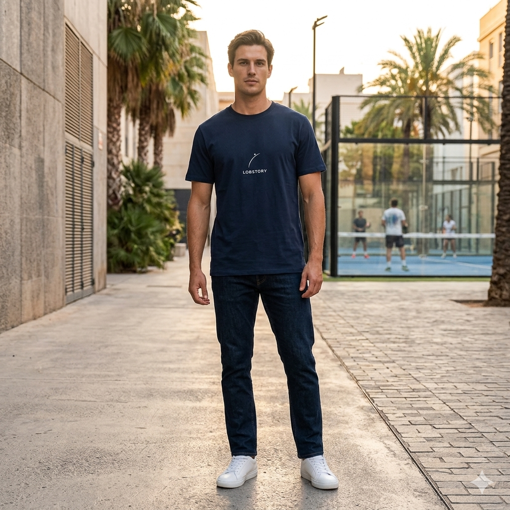 Front view of a model wearing a premium organic cotton padel lifestyle tee by LobStory.