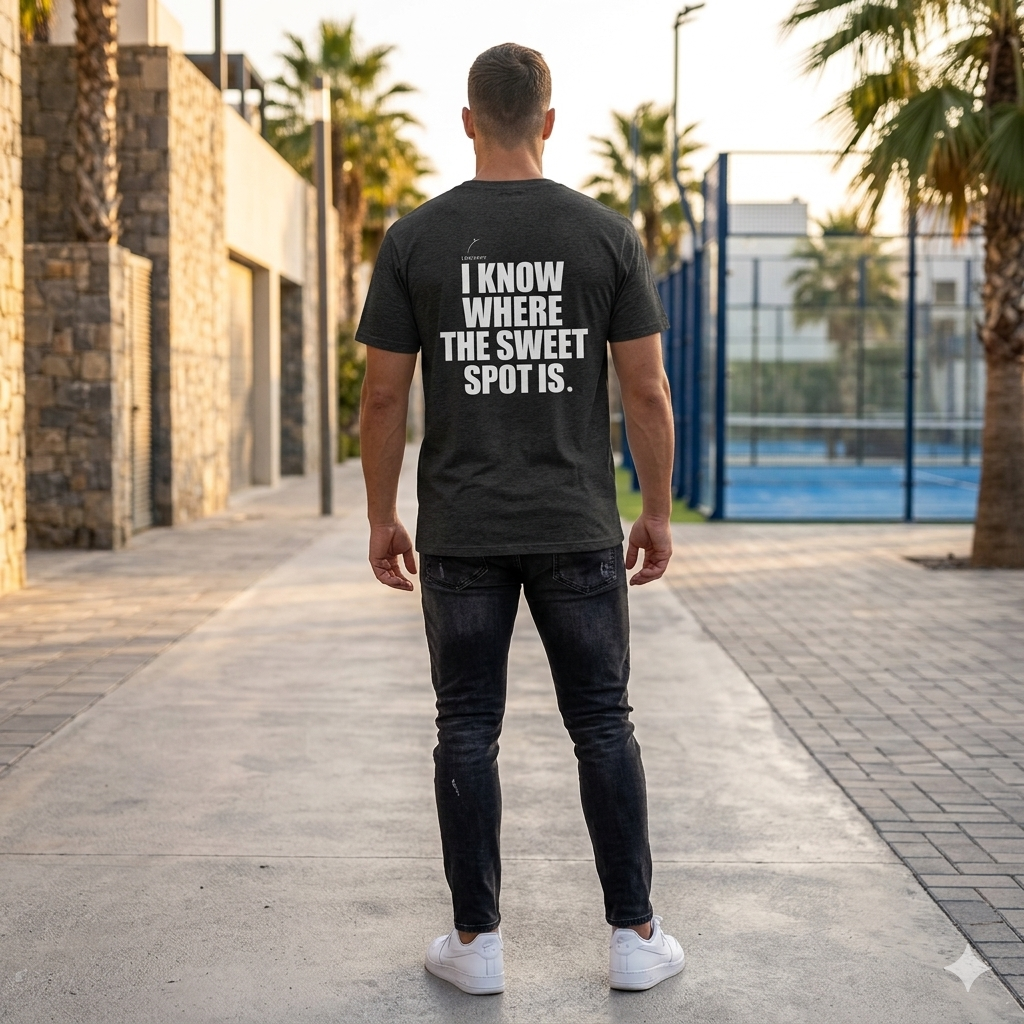Back view of a model wearing a premium organic cotton padel lifestyle tee with bold branding by LobStory. "I KNOW WHERE THE SWEET SPOT IS" 
