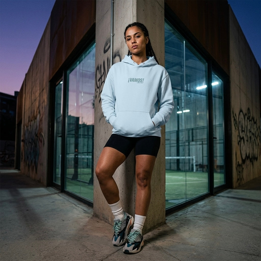 Front view of a model wearing a premium heavyweight padel lifestyle hoodie for maximum comfort.