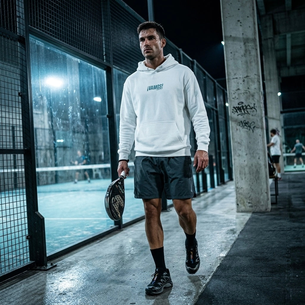 Front view of a model wearing a premium heavyweight padel lifestyle hoodie for maximum comfort.