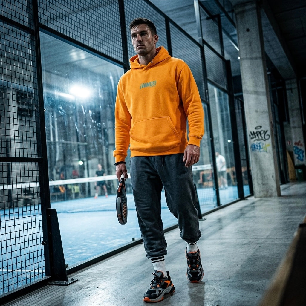 Front view of a model wearing a premium heavyweight padel lifestyle hoodie for maximum comfort.
