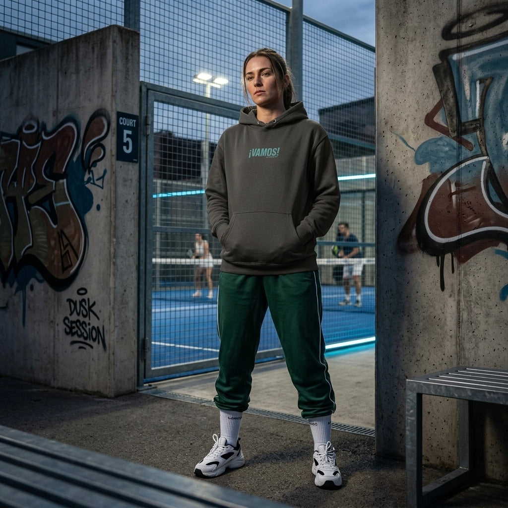 Front view of a model wearing a premium heavyweight padel lifestyle hoodie for maximum comfort.
