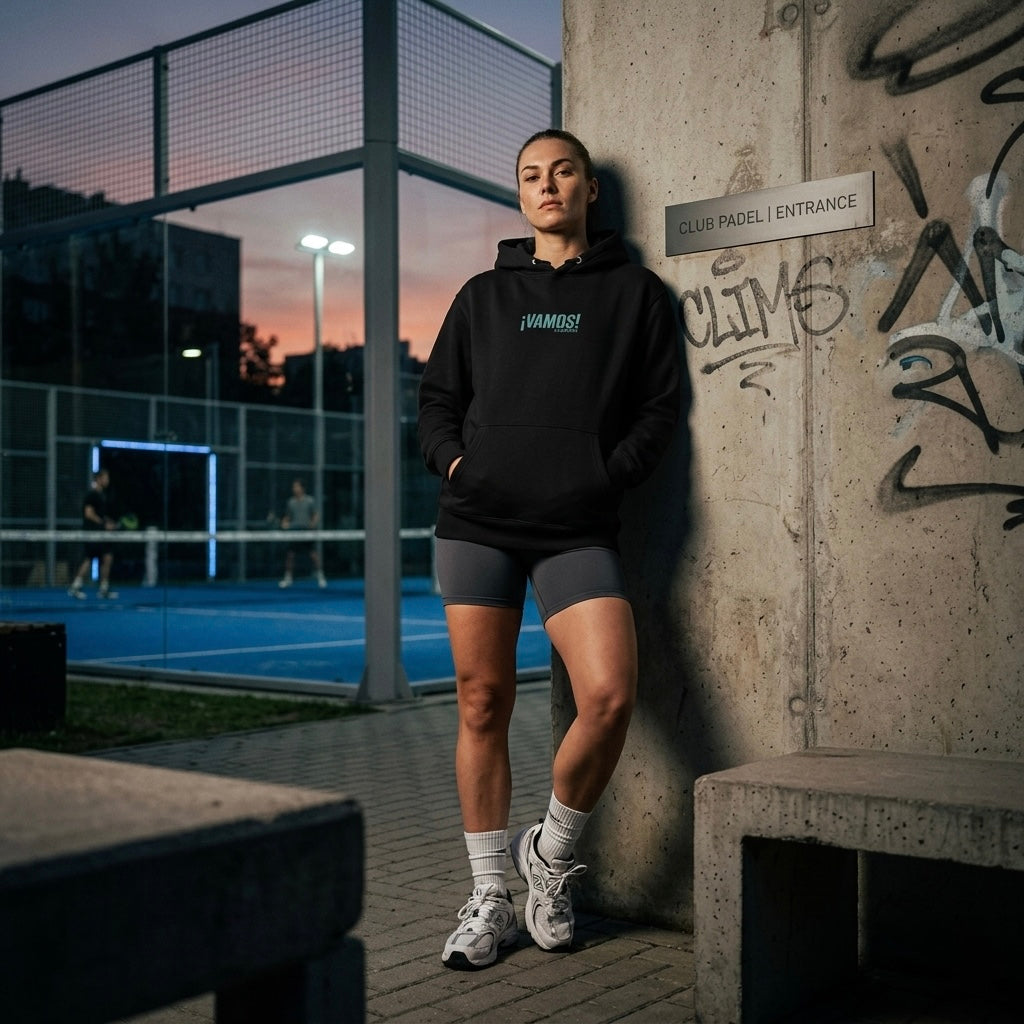 Front view of a model wearing a premium heavyweight padel lifestyle hoodie for maximum comfort.