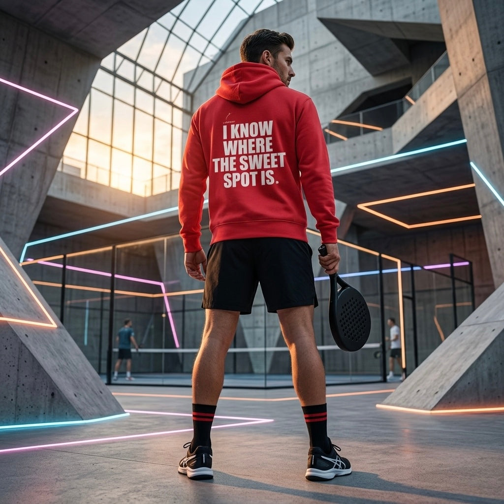 Back view of a model wearing the Sweet Spot hoodie showing the bold back print branding.