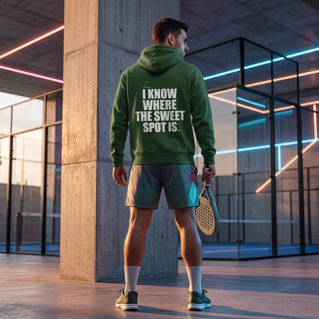 Back view of a model wearing the Sweet Spot hoodie showing the bold back print branding.