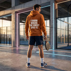 Back view of a model wearing the Sweet Spot hoodie showing the bold back print branding.