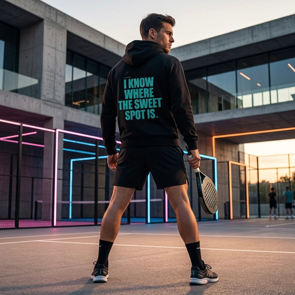 Back view of a model wearing the electric cyan Sweet Spot hoodie showing the bold back branding. www.lobstory.eu