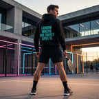 Back view of a model wearing the electric cyan Sweet Spot hoodie showing the bold back branding. www.lobstory.eu