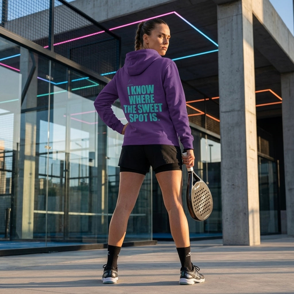 Back view of a model wearing the electric cyan Sweet Spot hoodie showing the bold back branding. www.lobstory.eu