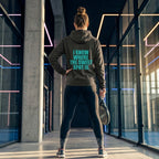 Back view of a model wearing the electric cyan Sweet Spot hoodie showing the bold back branding. www.lobstory.eu