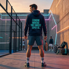 Back view of a model wearing the electric cyan Sweet Spot hoodie showing the bold back branding. www.lobstory.eu