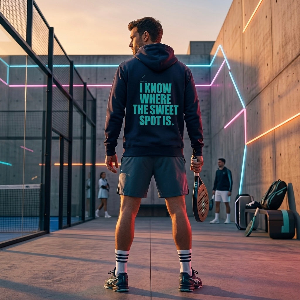 Back view of a model wearing the electric cyan Sweet Spot hoodie showing the bold back branding. www.lobstory.eu