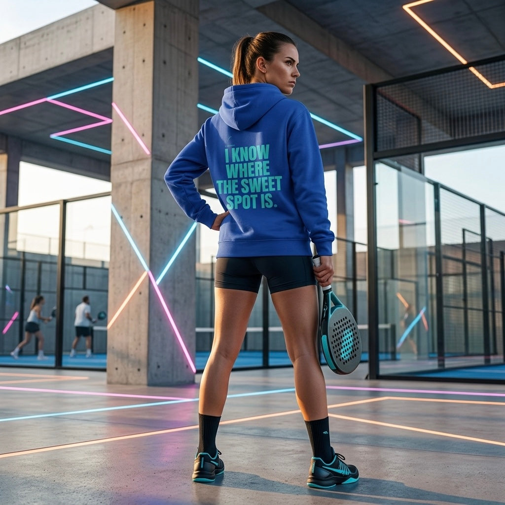 Back view of a model wearing the electric cyan Sweet Spot hoodie showing the bold back branding. www.lobstory.eu