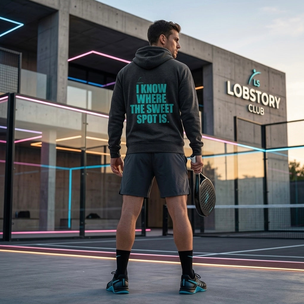 Back view of a model wearing the electric cyan Sweet Spot hoodie showing the bold back branding. www.lobstory.eu