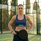 Model wearing the navy blue VAMOS Longline Sports Bra during a padel session for maximum support. lobstory.eu lobstory