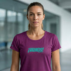 Female player on court wearing the burgundy ¡VAMOS! Performance Mesh Tee.