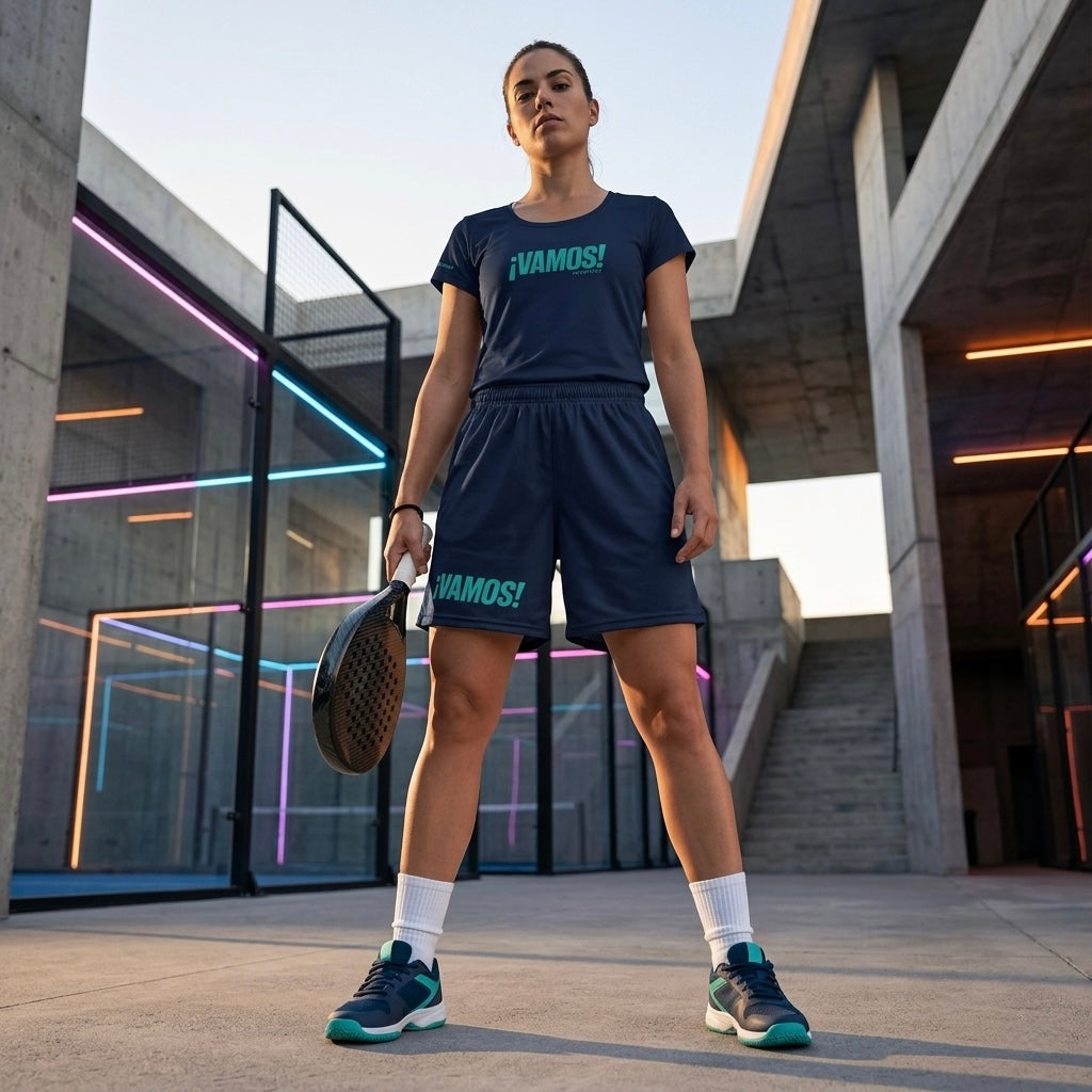 Female player on court wearing the navy blue ¡VAMOS! Performance Mesh Tee.