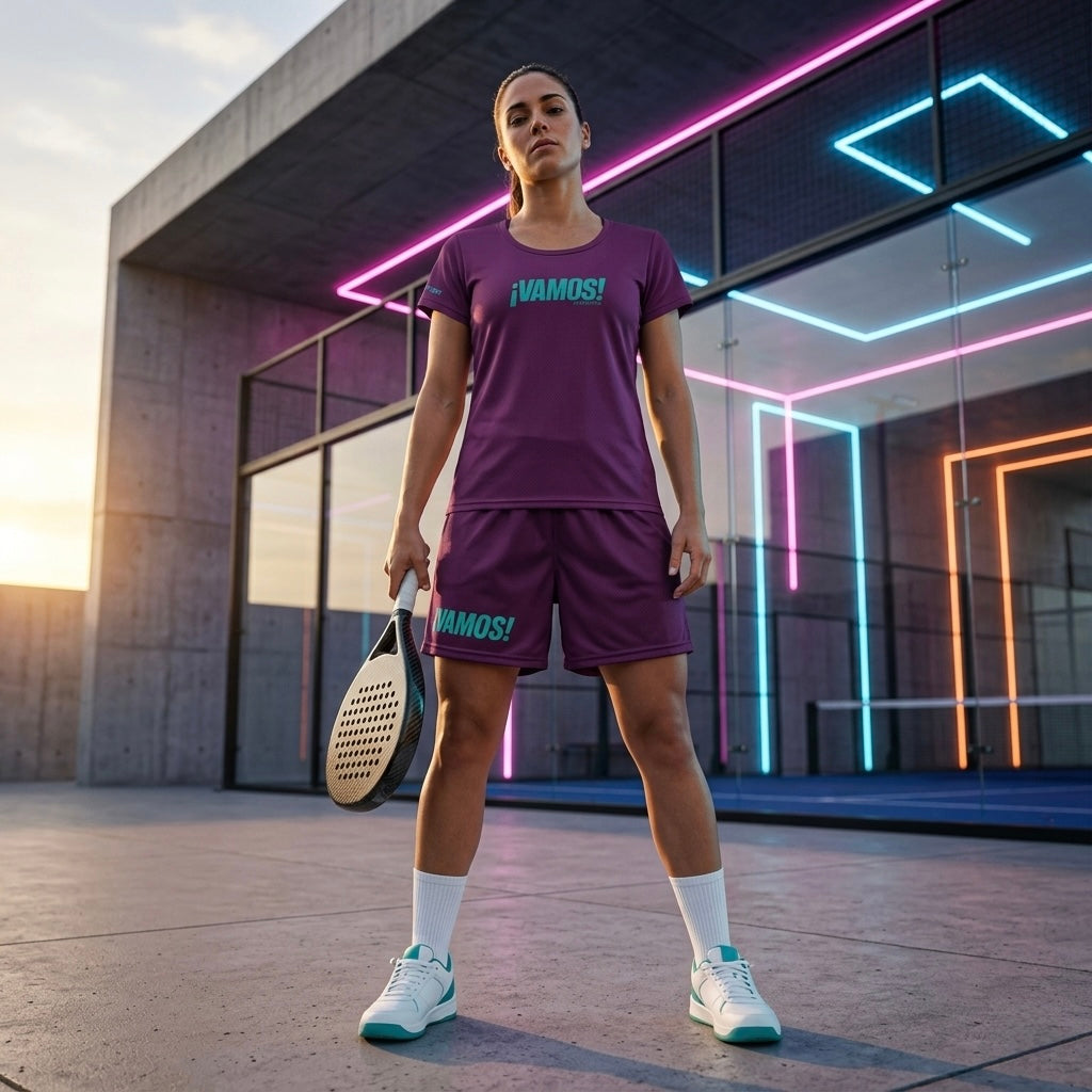 Female player on court wearing the burgundy ¡VAMOS! Performance Mesh Tee.