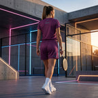 Back view of a female model wearing the burgundy technical mesh padel tee showing the athletic fit.