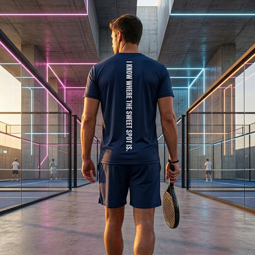 Rear view of a male model showing the high-contrast vertical branding on the Men's navy performance jersey. lobstory.eu