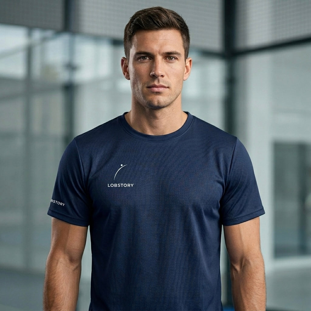 Male player wearing the Men's navy blue SWEET SPOT technical mesh tee for professional padel performance. lobstory.eu