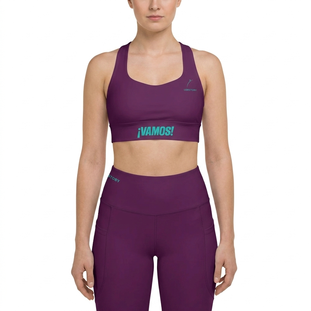 Front view mockup of the burgundy VAMOS Longline Sports Bra with teal ¡VAMOS! statement on the band. lobstory.eu