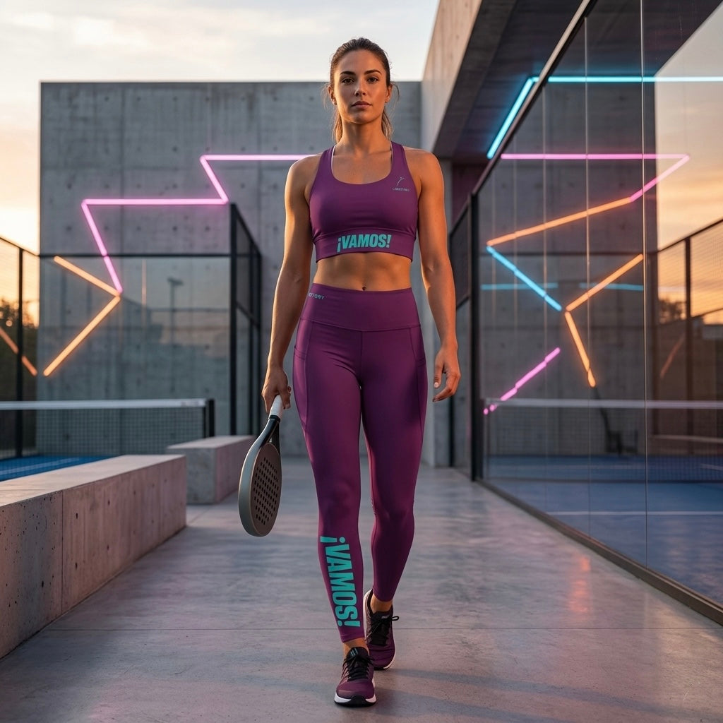 Model wearing the burgundy VAMOS Longline Sports Bra in a futuristic padel club for maximum support. www.lobstory.eu