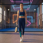 Model wearing the navy blue VAMOS Longline Sports Bra in a padel futuristic club for maximum support. lobstory.eu lobstory