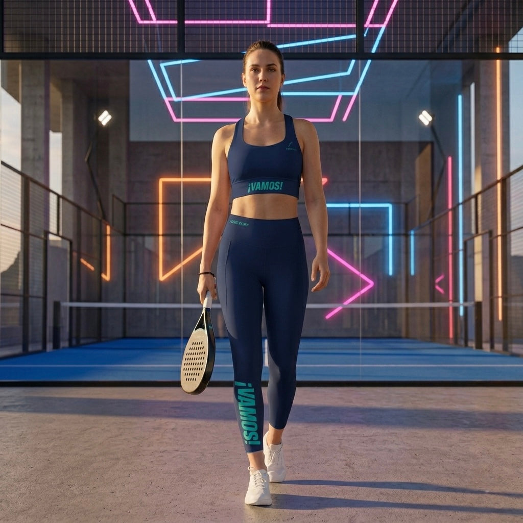 Model wearing the navy blue ¡VAMOS! Performance Set in a padel club. www.lobstory.eu
