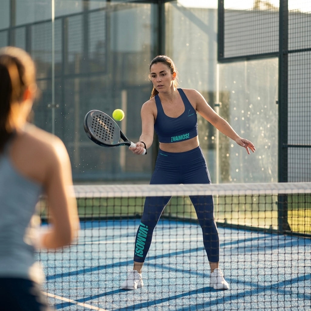 Model wearing the navy blue ¡VAMOS! Performance Set on a padel court. lobstory