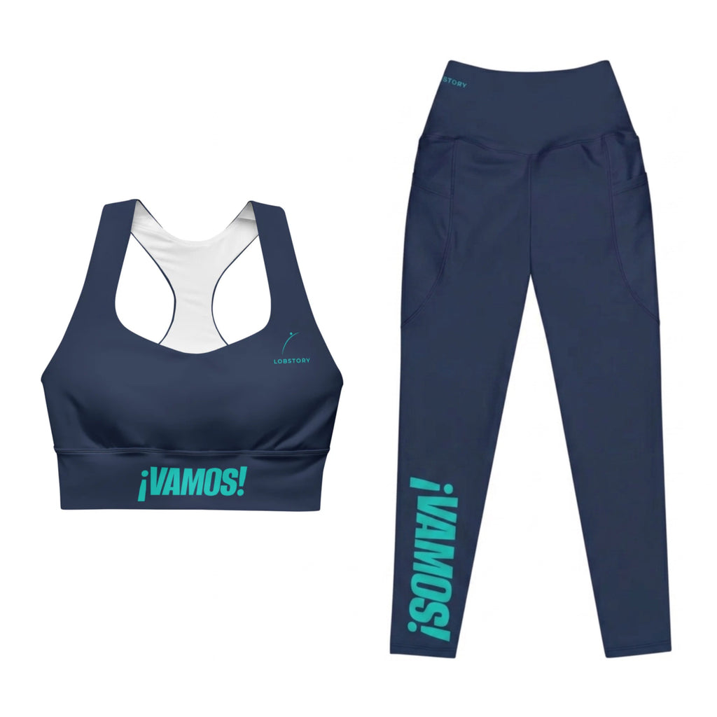Front view mockup of the navy blue ¡VAMOS! Performance Set featuring the longline sports bra and high-waisted pocket leggings.