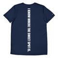 Back view mockup of the Men's navy mesh tee showing the bold white vertical I Know Where The Sweet Spot Is statement. lobstory.eu