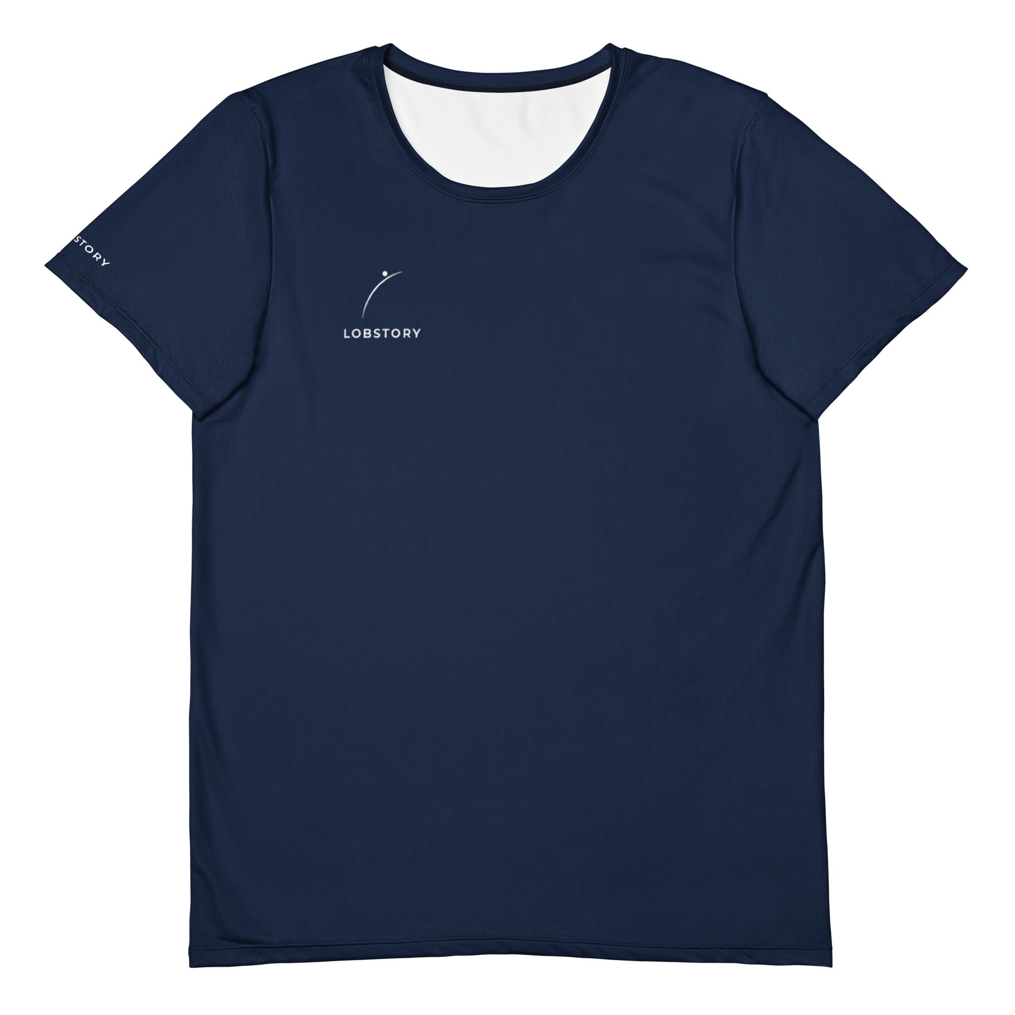 Front view mockup of the Men's SWEET SPOT Performance Mesh Tee in navy blue with teal chest logo.