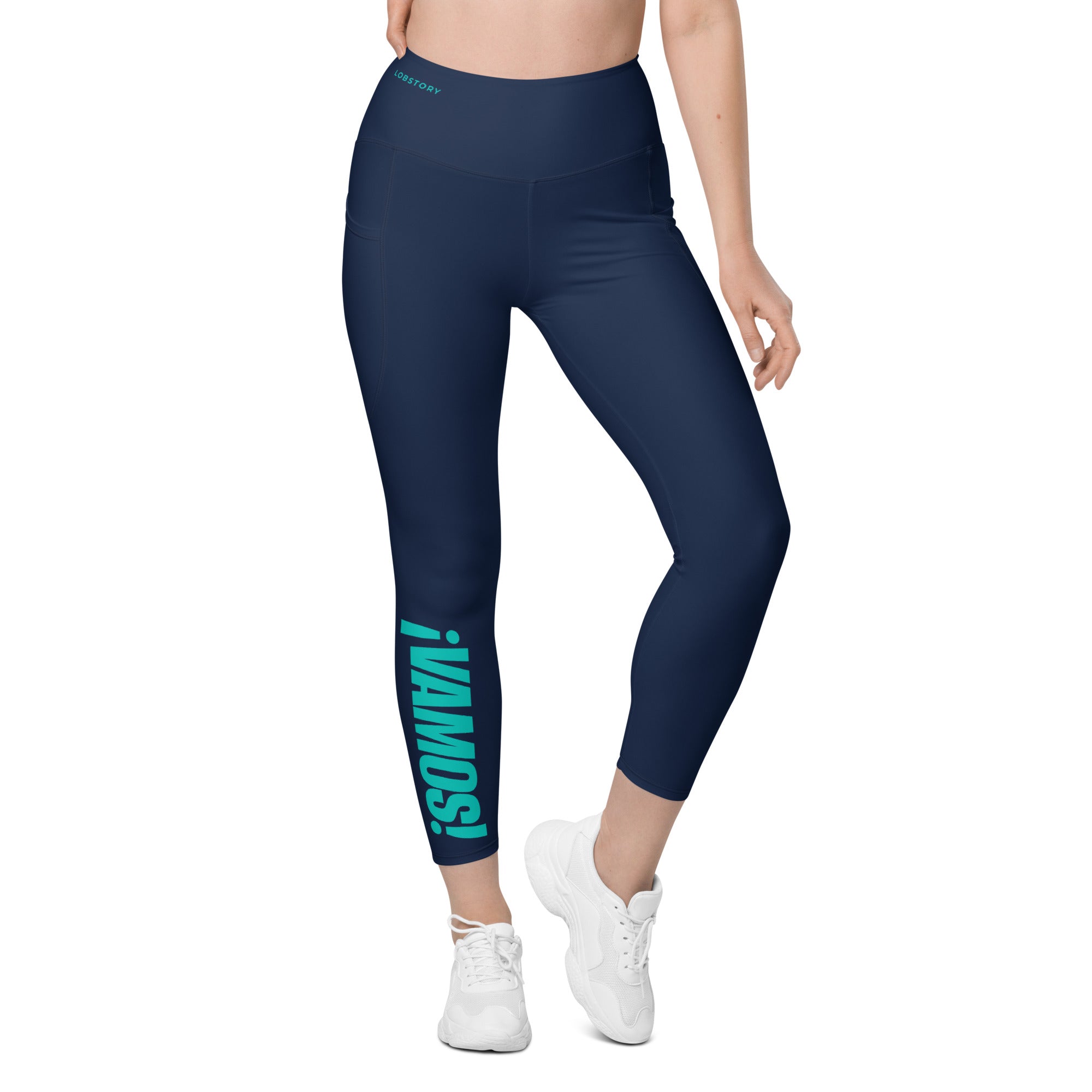 Front view mockup of navy blue ¡VAMOS! Pocket Leggings with teal vertical graphic on the leg. lobstory