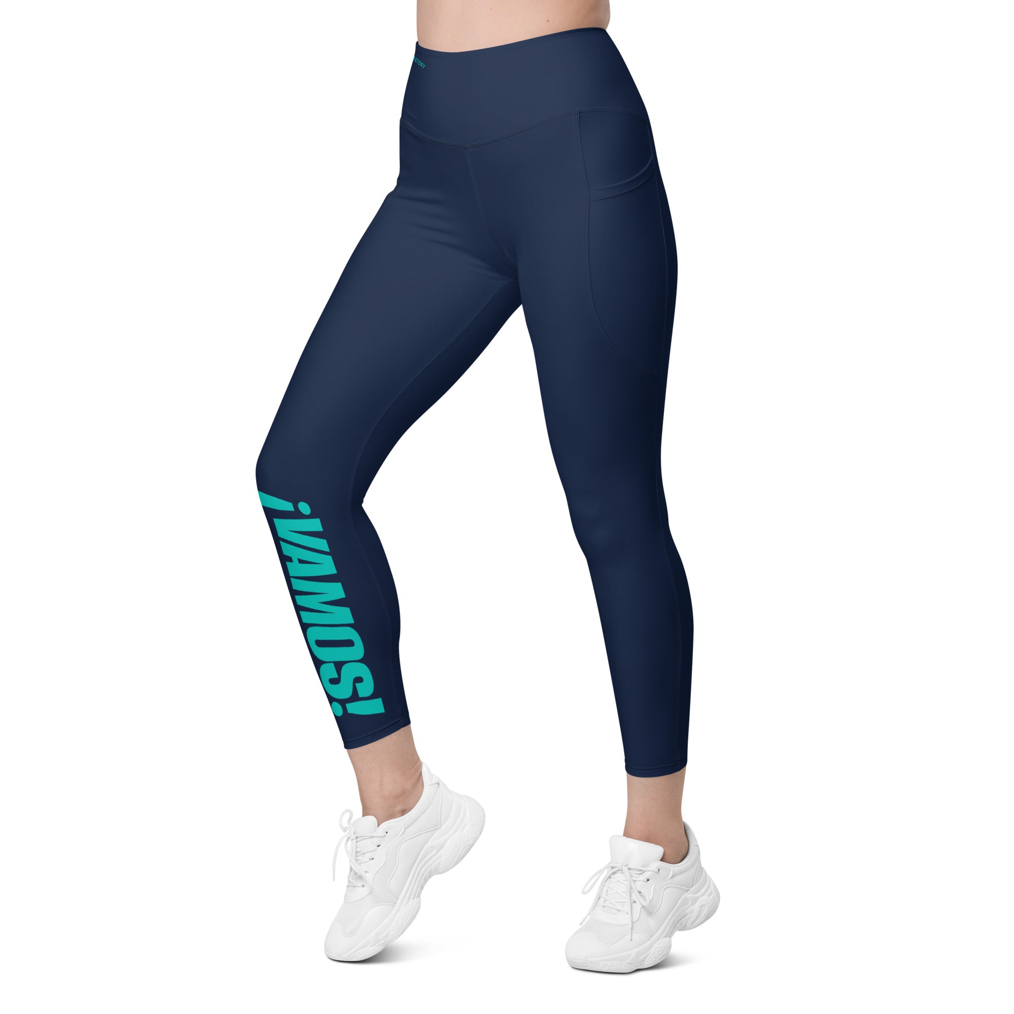 Side and front view of a model wearing navy performance leggings, showcasing the flattering high-waisted fit. lobstory