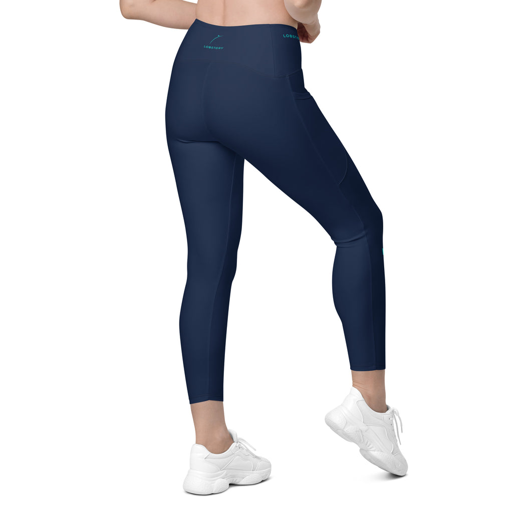 Side and back view of a model wearing navy performance leggings, showcasing the flattering high-waisted fit. lobstory