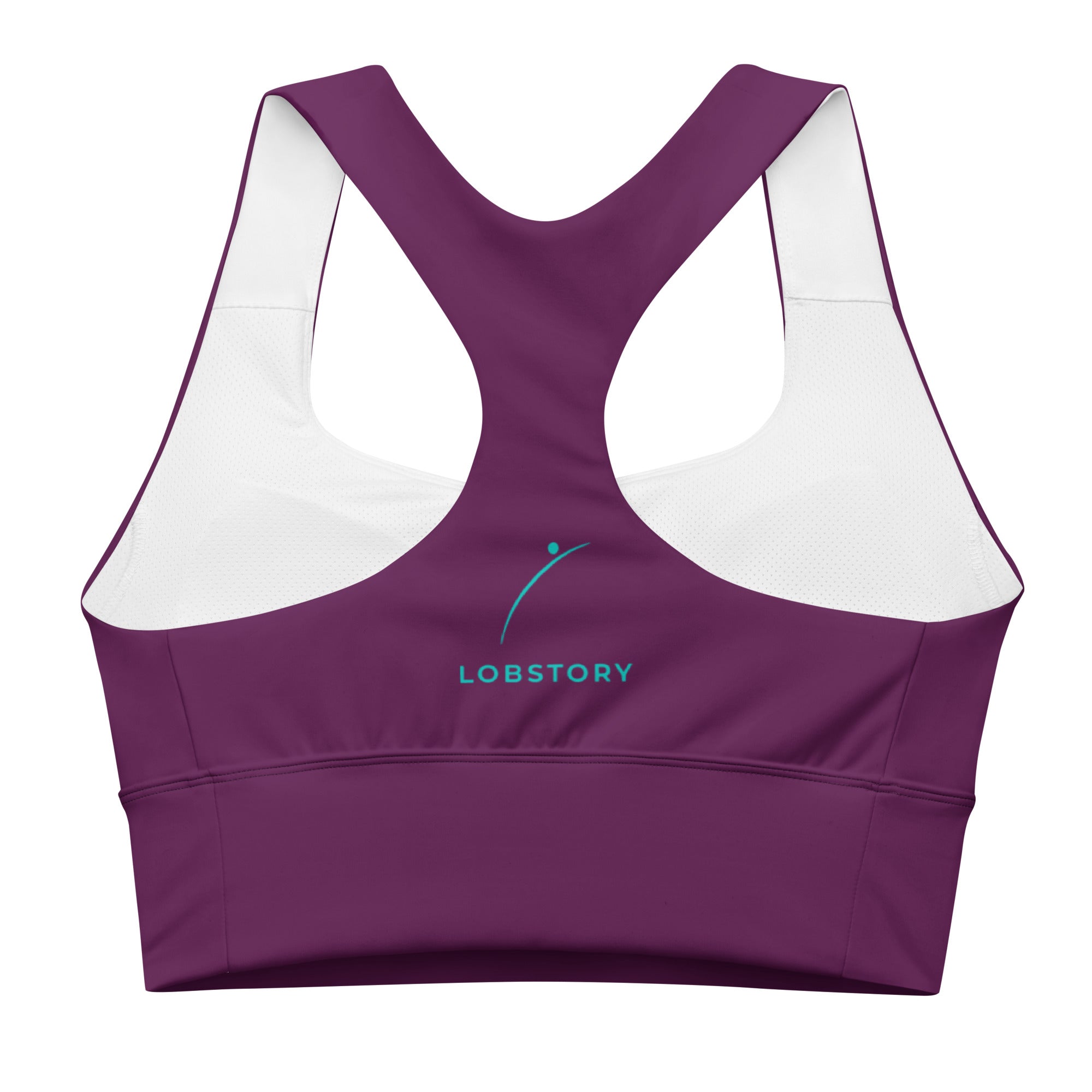 Back view mockup of the burgundy longline sports bra showing the wide racerback support by LobStory.