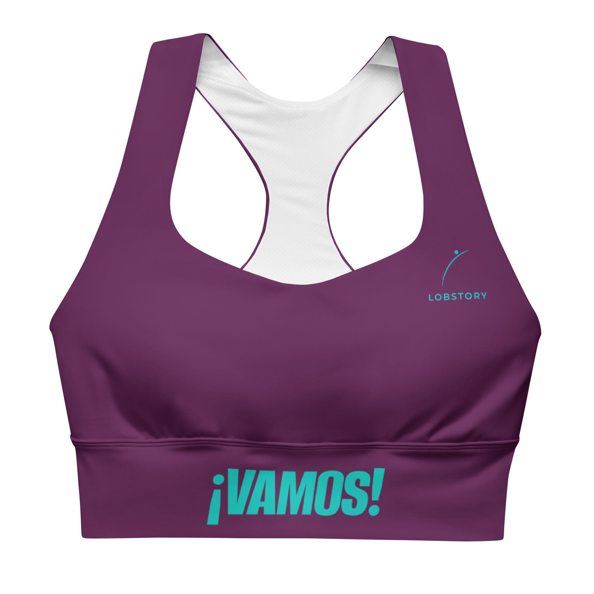 Front view mockup of the burgundy VAMOS Longline Sports Bra with teal ¡VAMOS! statement on the band. lobstory.eu