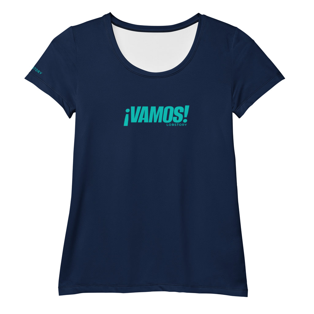Front view mockup of the Women's ¡VAMOS! Performance Mesh Tee in navy blue with teal logo.