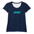 Front view mockup of the Women's ¡VAMOS! Performance Mesh Tee in navy blue with teal logo.