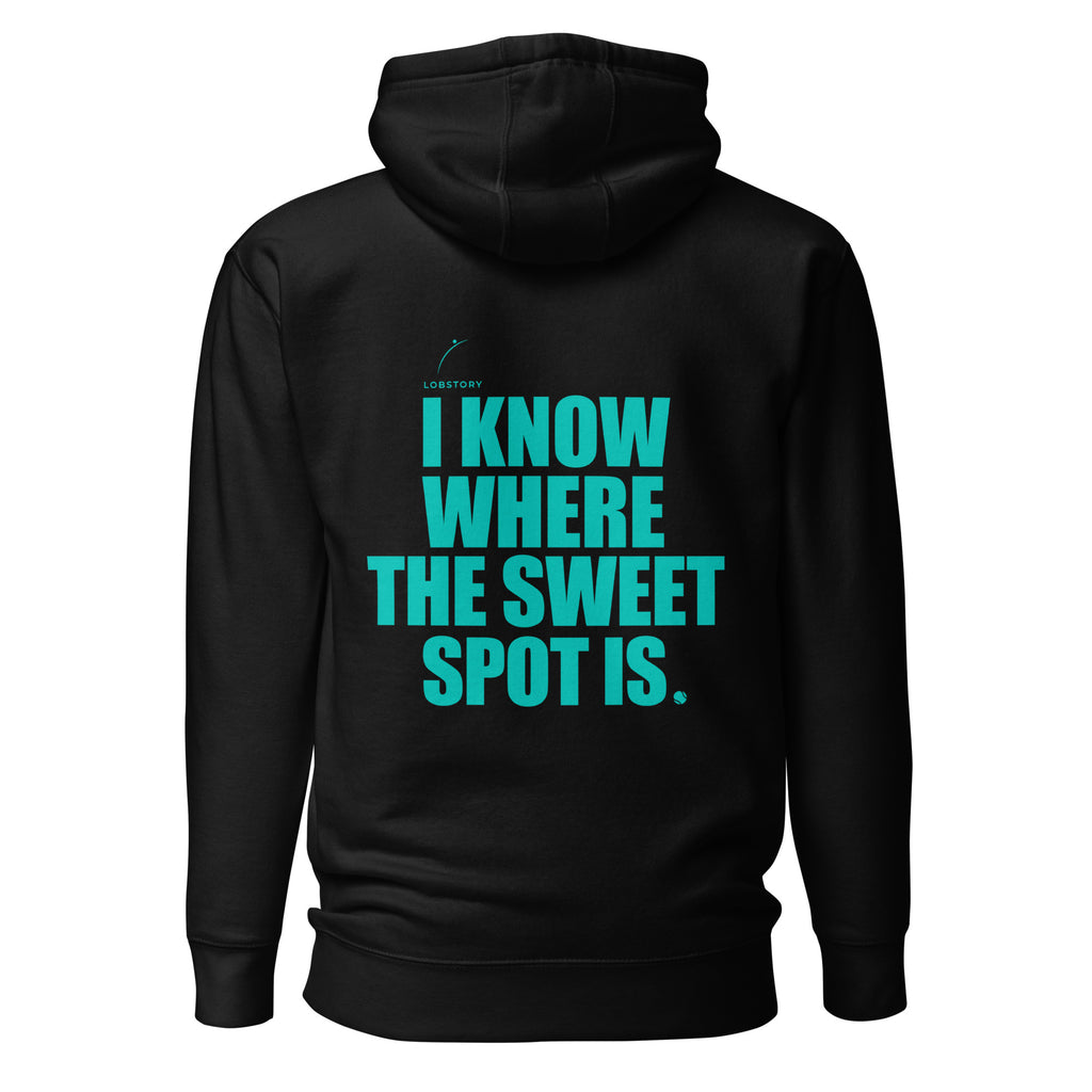 Back view mockup of a premium padel hoodie with electric cyan I Know Where The Sweet Spot Is statement. Lobstory.eu